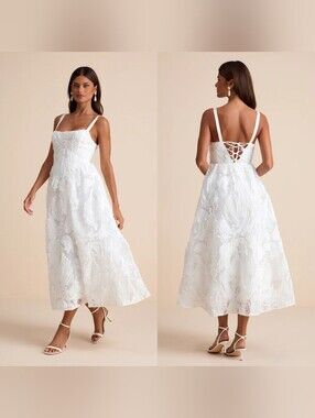 Lulu's White Textured Midi Sundress with Lace-Up Back